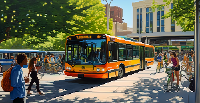 A busy public transit station in Austin with diverse commuters, colorful buses, and bicycles, surrounded by modern buildings and greenery.