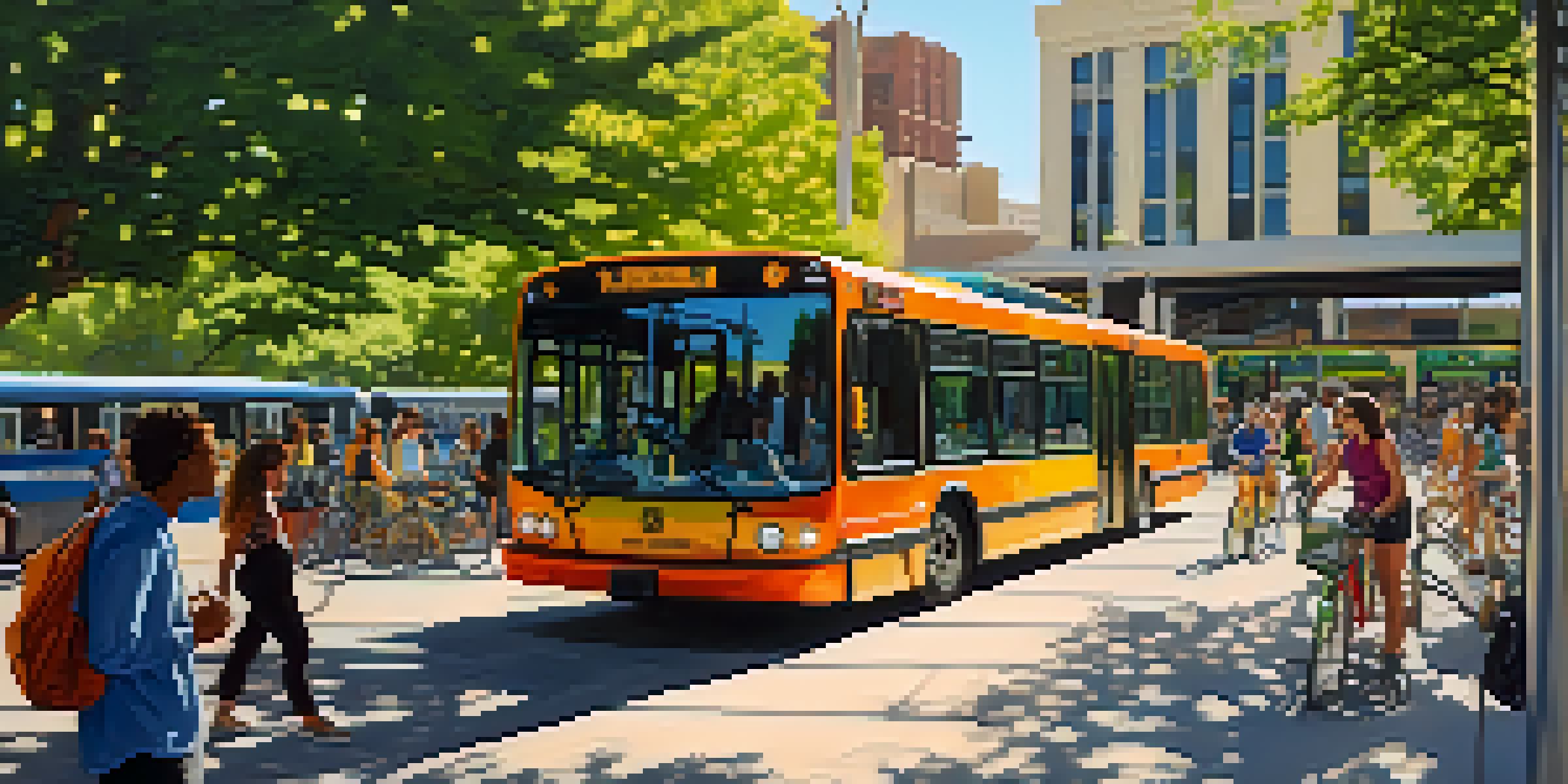 A busy public transit station in Austin with diverse commuters, colorful buses, and bicycles, surrounded by modern buildings and greenery.
