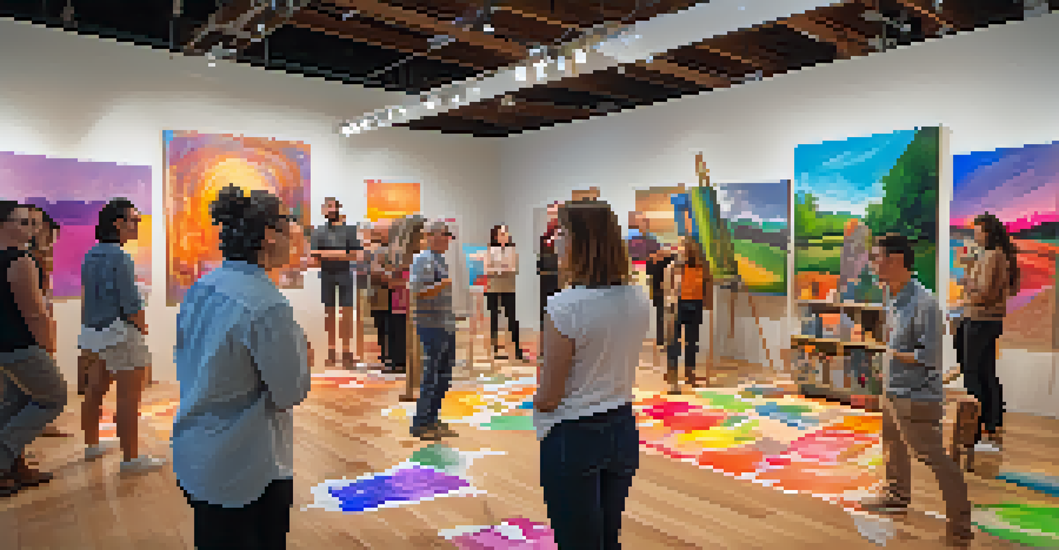 A workshop at an interactive art installation in Austin, with people creating art surrounded by vibrant artworks.