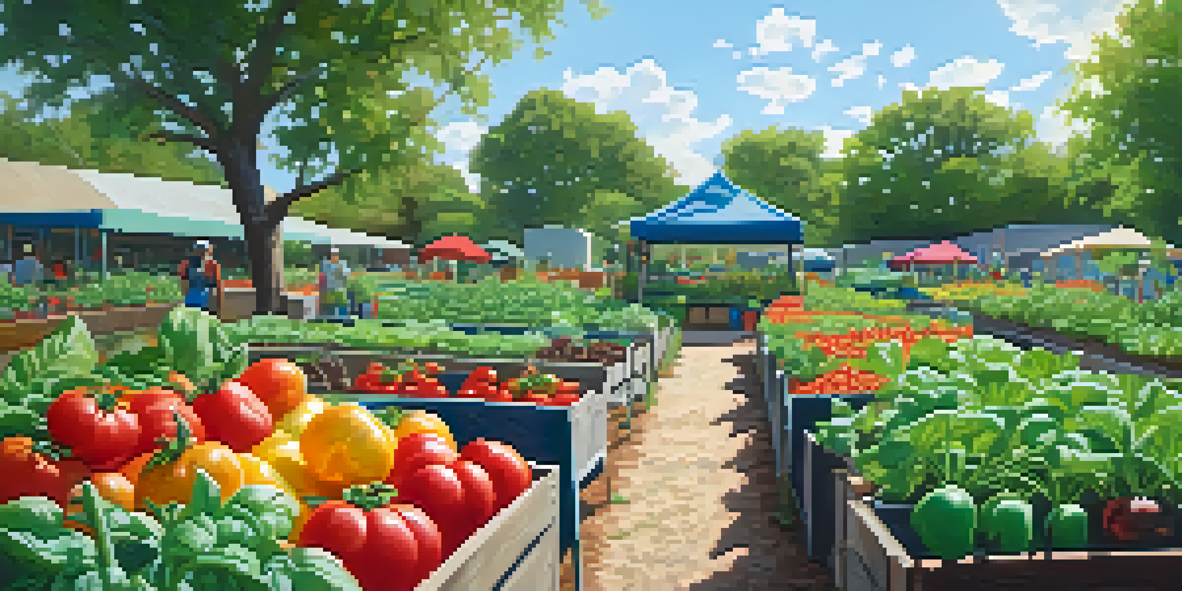 A colorful community garden filled with various vegetables and herbs under a bright blue sky.