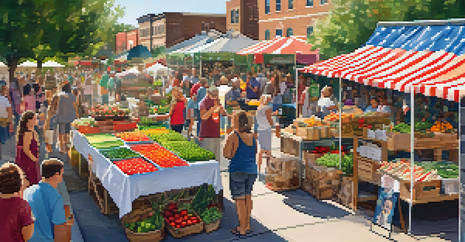 A community farmers' market in Mueller Development with stalls and happy residents.