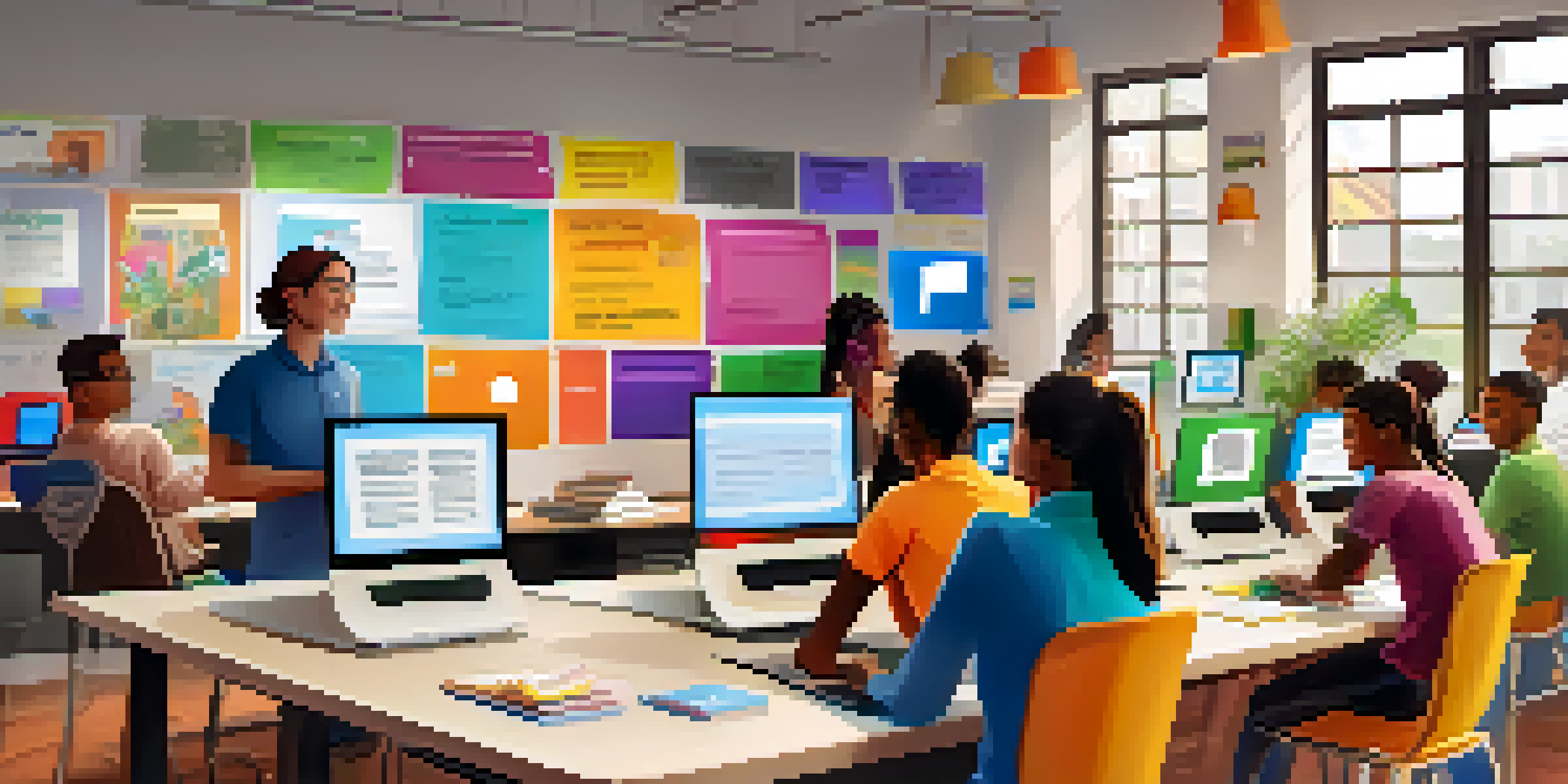 A diverse group of students engaged in an online learning session, smiling and participating with laptops in a well-lit room decorated with educational posters.