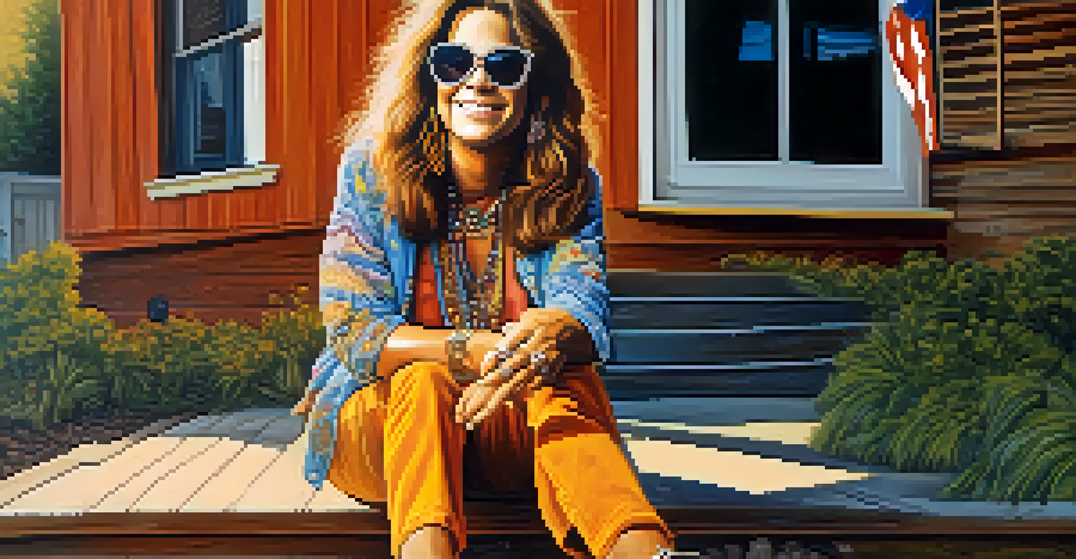 Janis Joplin sitting on the steps of her Texas hometown, wearing a tie-dye shirt and oversized sunglasses during sunset.