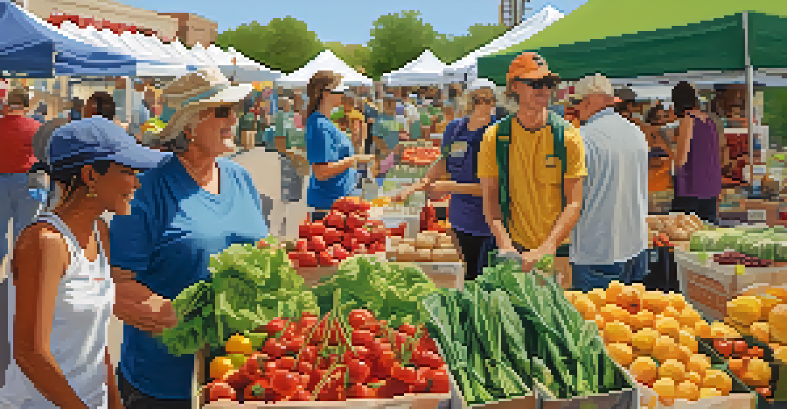 A lively farmers' market in Austin with volunteers at a food drive booth engaging the community and promoting healthy eating.