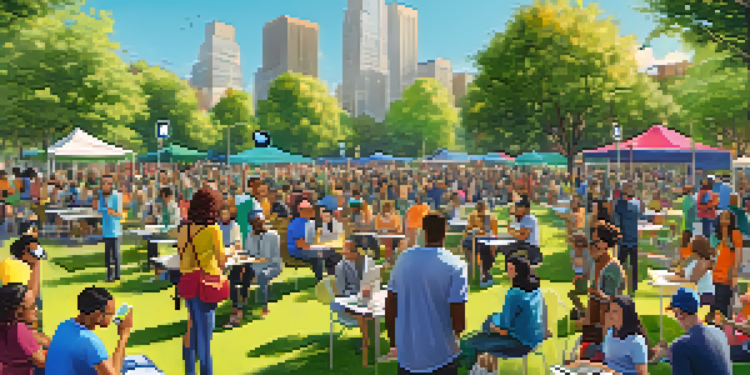 A diverse group of residents in an urban park using smartphones for civic engagement, surrounded by greenery and colorful banners.