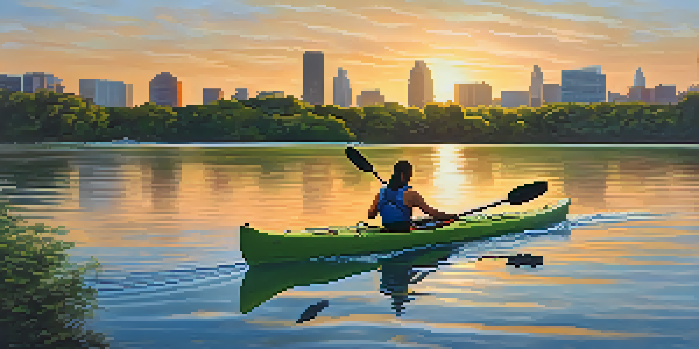 A kayaker paddling on calm waters during sunset with a city skyline in the background.