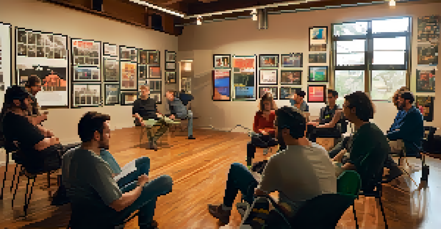 A group of aspiring filmmakers attending a workshop, listening to a director in a cozy indoor space with film posters.