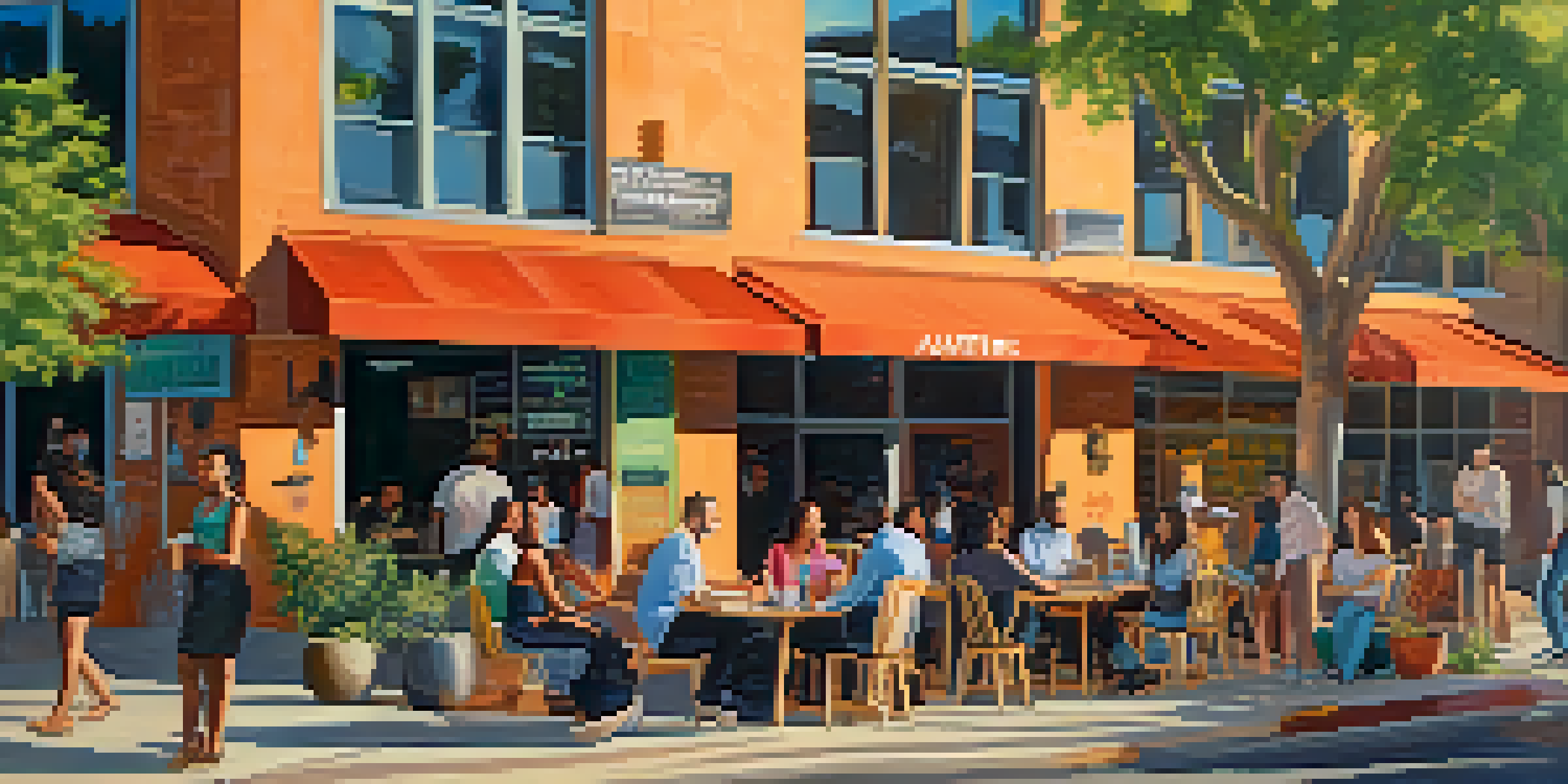 A bustling street scene in Austin with diverse entrepreneurs socializing outside a co-working space, surrounded by colorful murals and greenery.