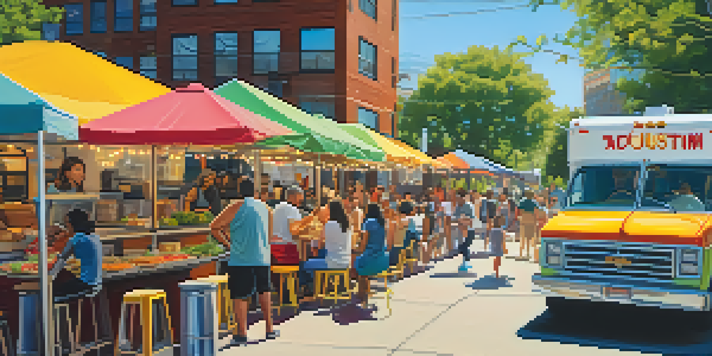 A lively food truck park in Austin with colorful taco trucks and people enjoying their meals at outdoor picnic tables.