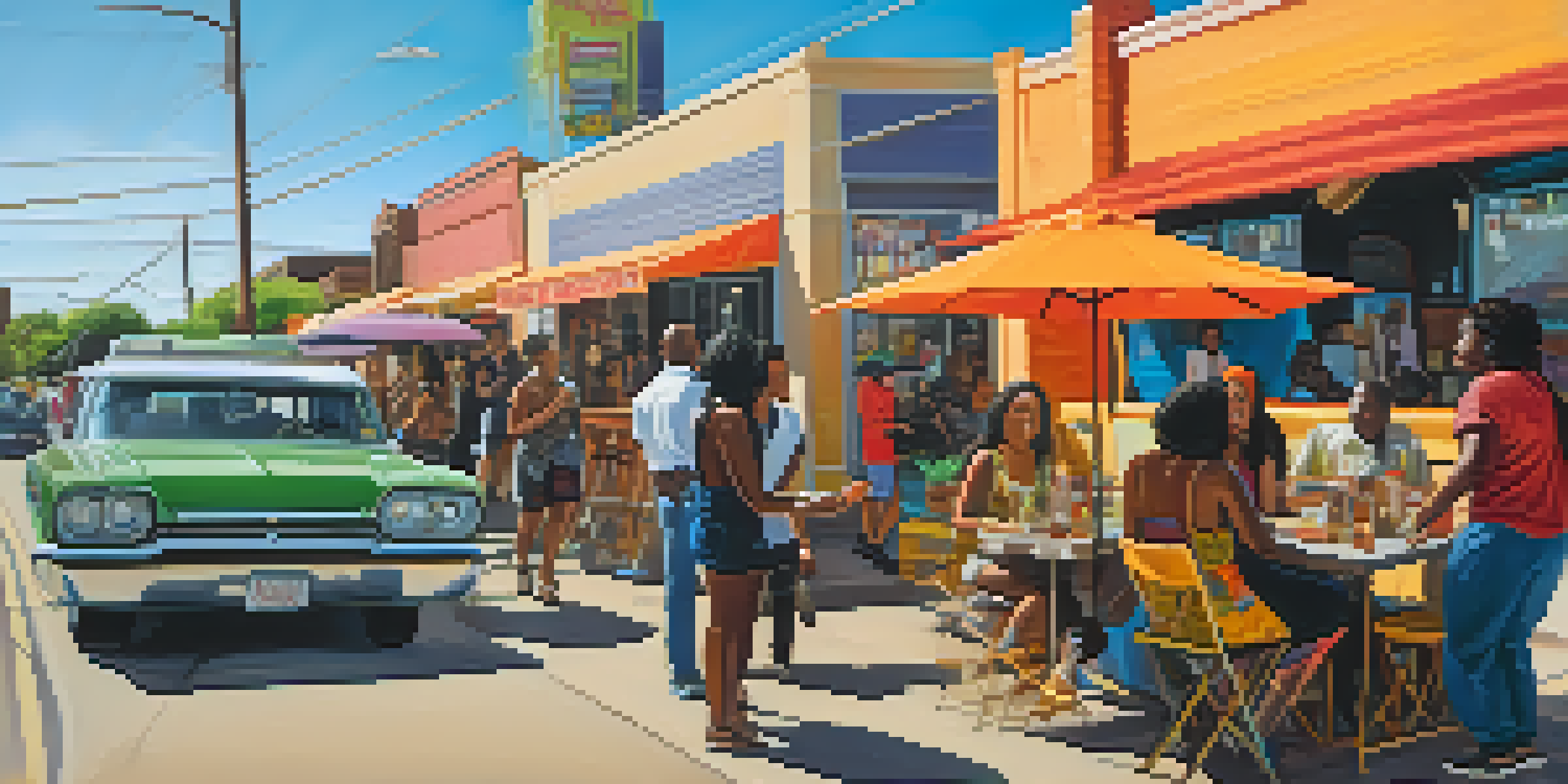 A busy street in East Austin with colorful murals and diverse people enjoying food from trucks.