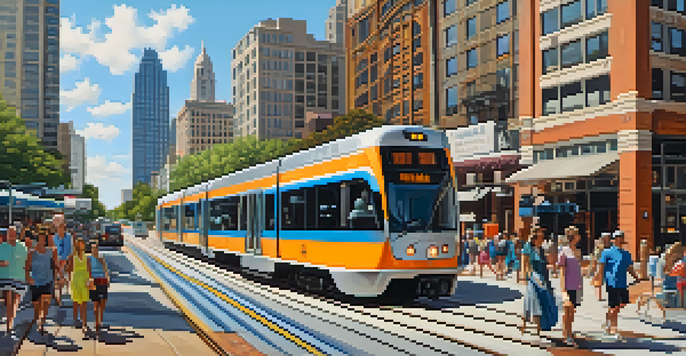 A busy Austin street with a light rail train, pedestrians, cyclists, and the city skyline in the background.