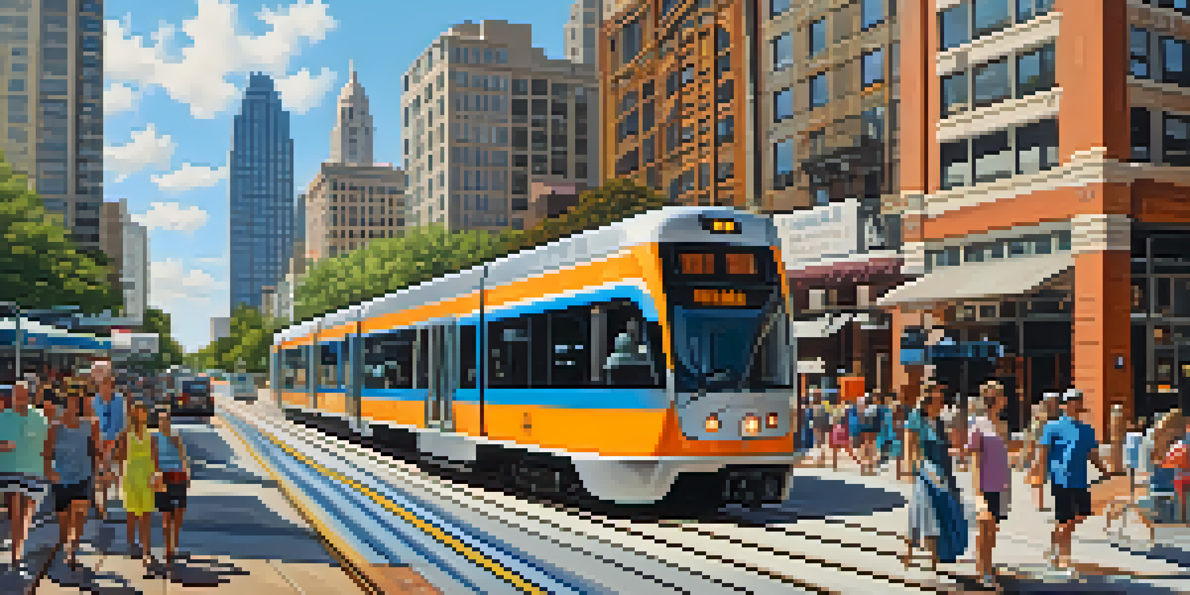 A busy Austin street with a light rail train, pedestrians, cyclists, and the city skyline in the background.