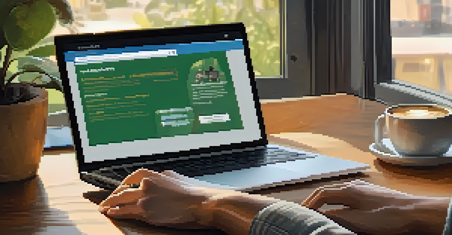 Close-up of hands typing on a laptop in a warm coffee shop setting, with a coffee cup and notepad, emphasizing online networking.