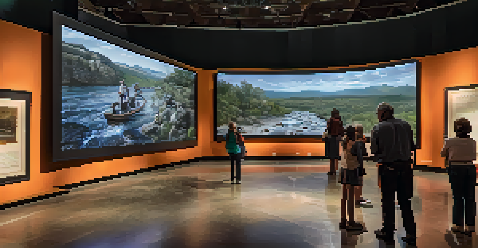 Visitors watching an immersive storytelling exhibit about Texas history with dynamic visual effects.