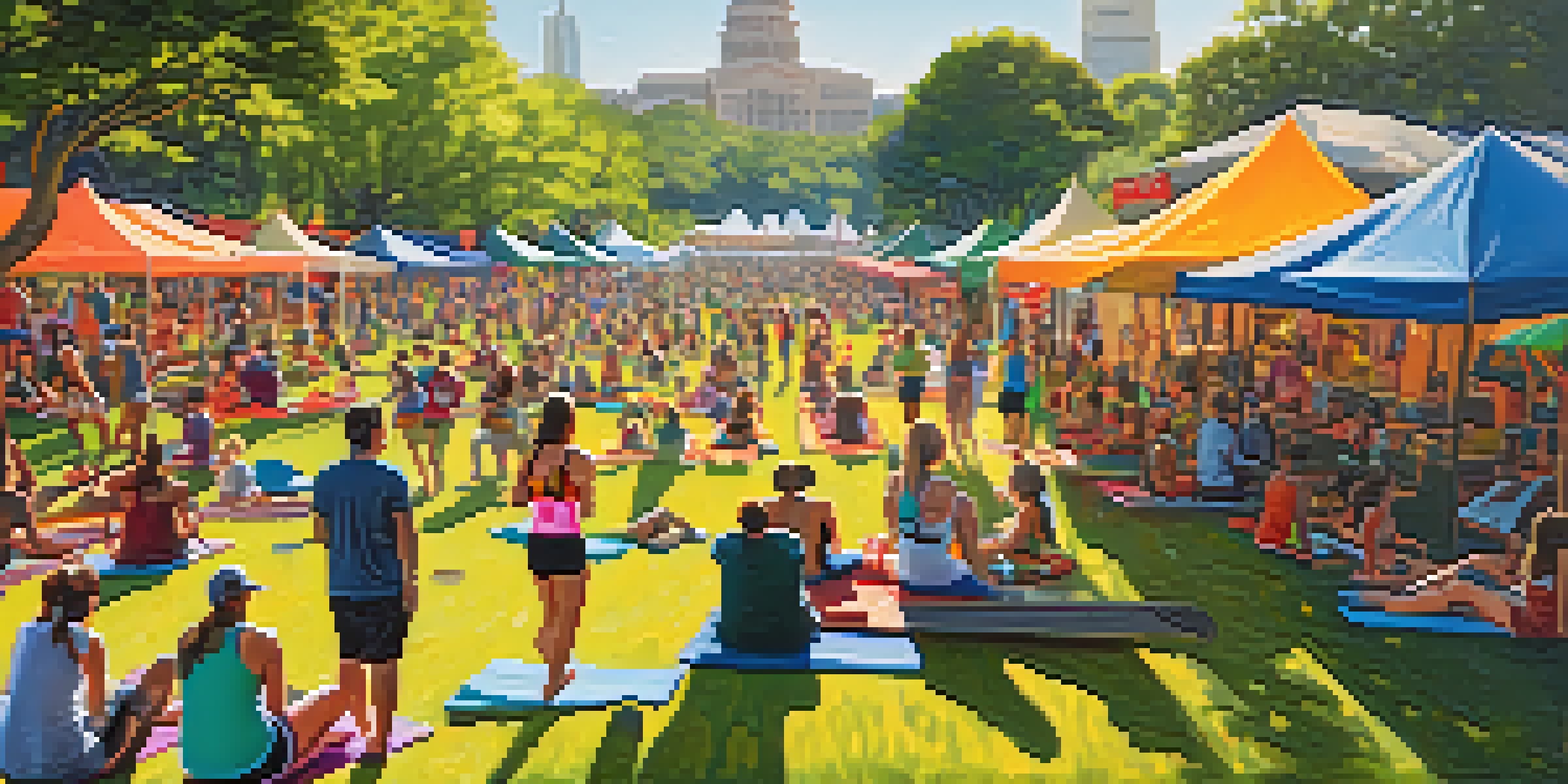 A lively outdoor festival with people engaging in hiking, kayaking, and yoga, surrounded by greenery and colorful booths.
