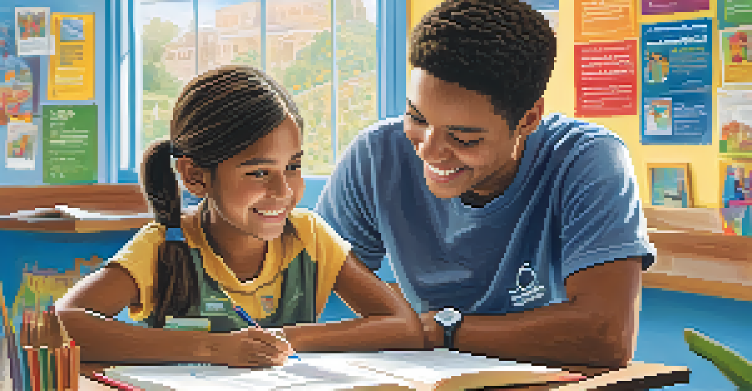 A young adult volunteering as a tutor, helping a child with homework in a colorful classroom.