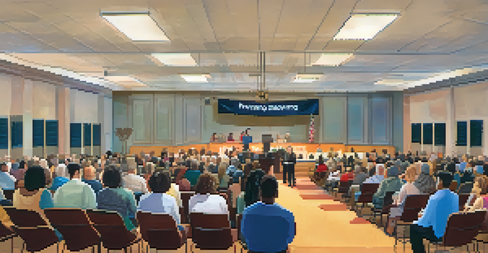 A diverse group of residents at a town hall meeting in Austin, Texas, engaging in discussions with a city official at the podium.