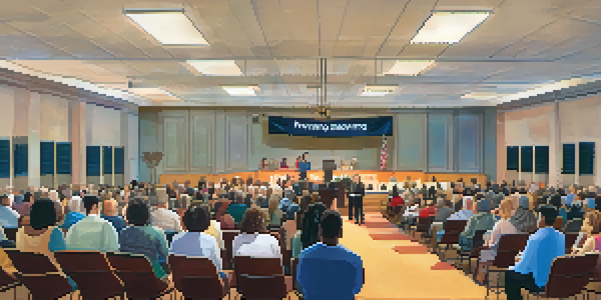 A diverse group of residents at a town hall meeting in Austin, Texas, engaging in discussions with a city official at the podium.