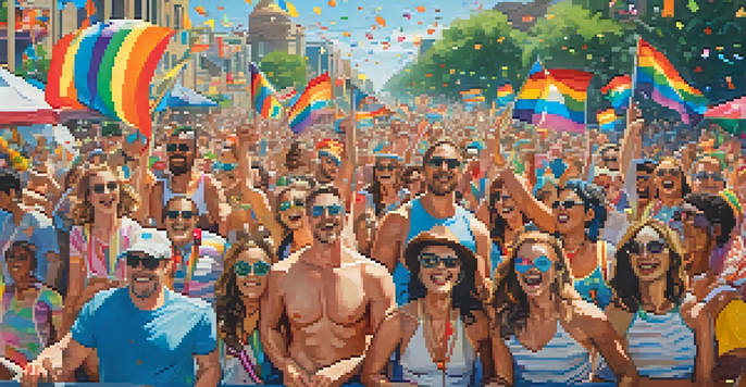 A lively Pride Parade featuring colorful floats and participants in bright costumes, with spectators cheering along the streets under a clear blue sky.