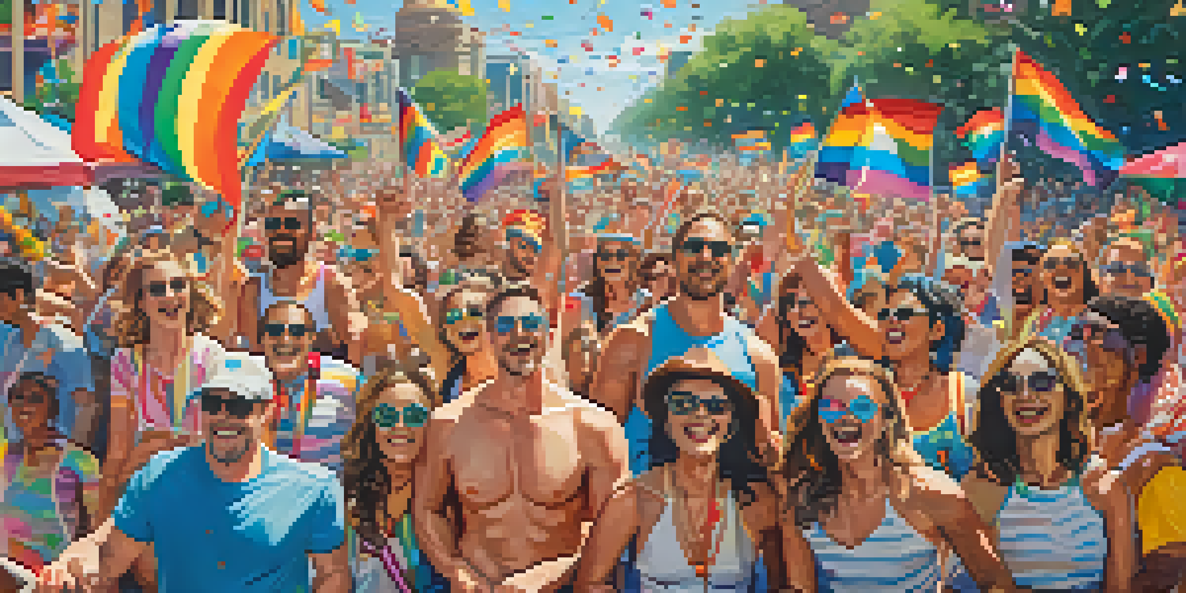 A lively Pride Parade featuring colorful floats and participants in bright costumes, with spectators cheering along the streets under a clear blue sky.