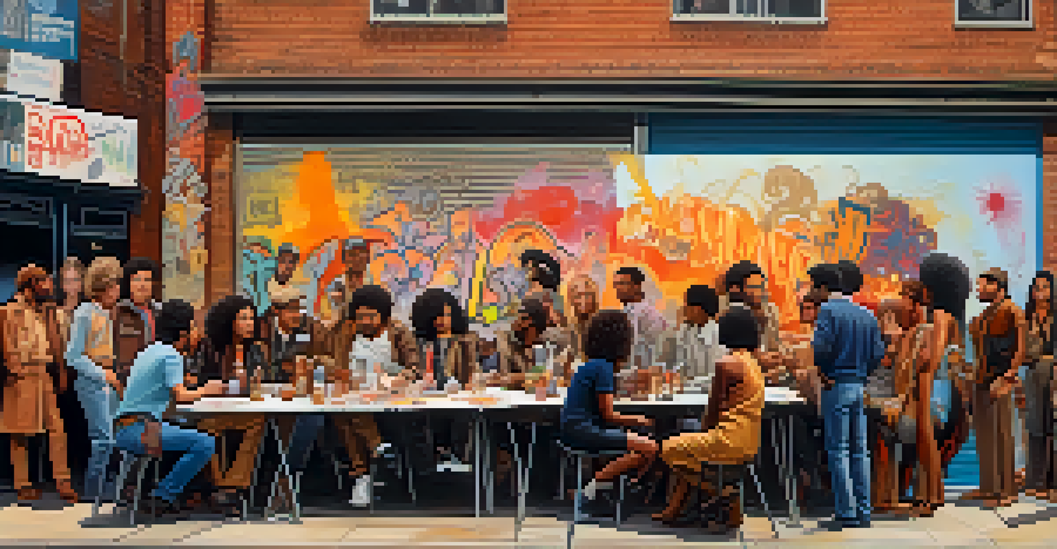 A 1970s art collective meeting in an urban environment with diverse artists surrounded by bold artworks.