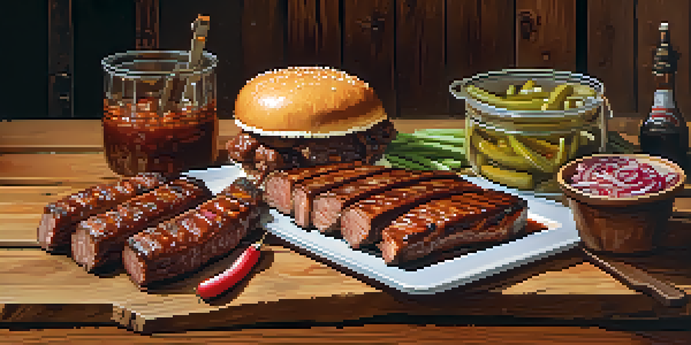A delicious platter of Texas barbecue with brisket, ribs, and sausage, presented on a wooden table.
