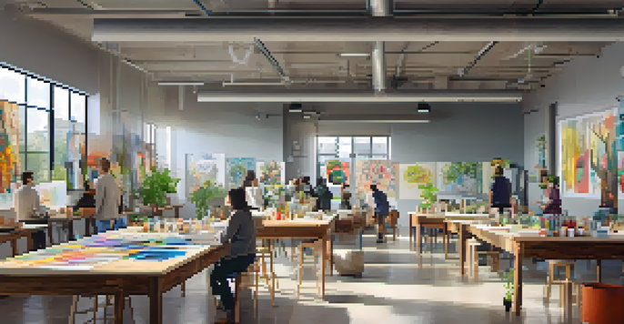 An art collective workspace with diverse artists collaborating, surrounded by colorful artworks and natural light.