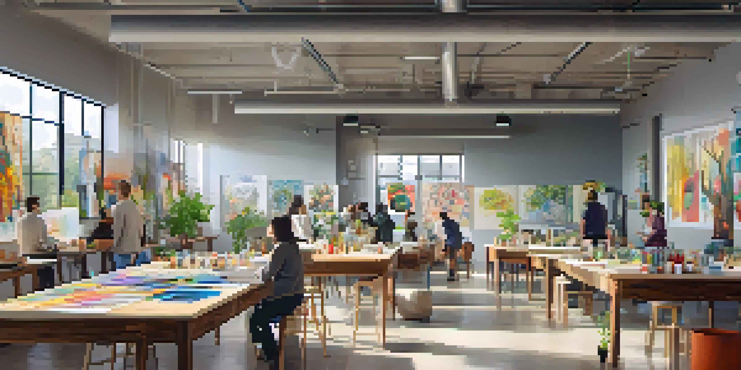 An art collective workspace with diverse artists collaborating, surrounded by colorful artworks and natural light.