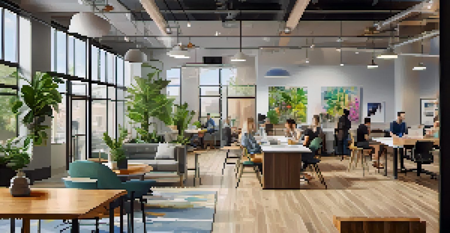 A modern coworking space in Austin with professionals collaborating and large windows letting in natural light.