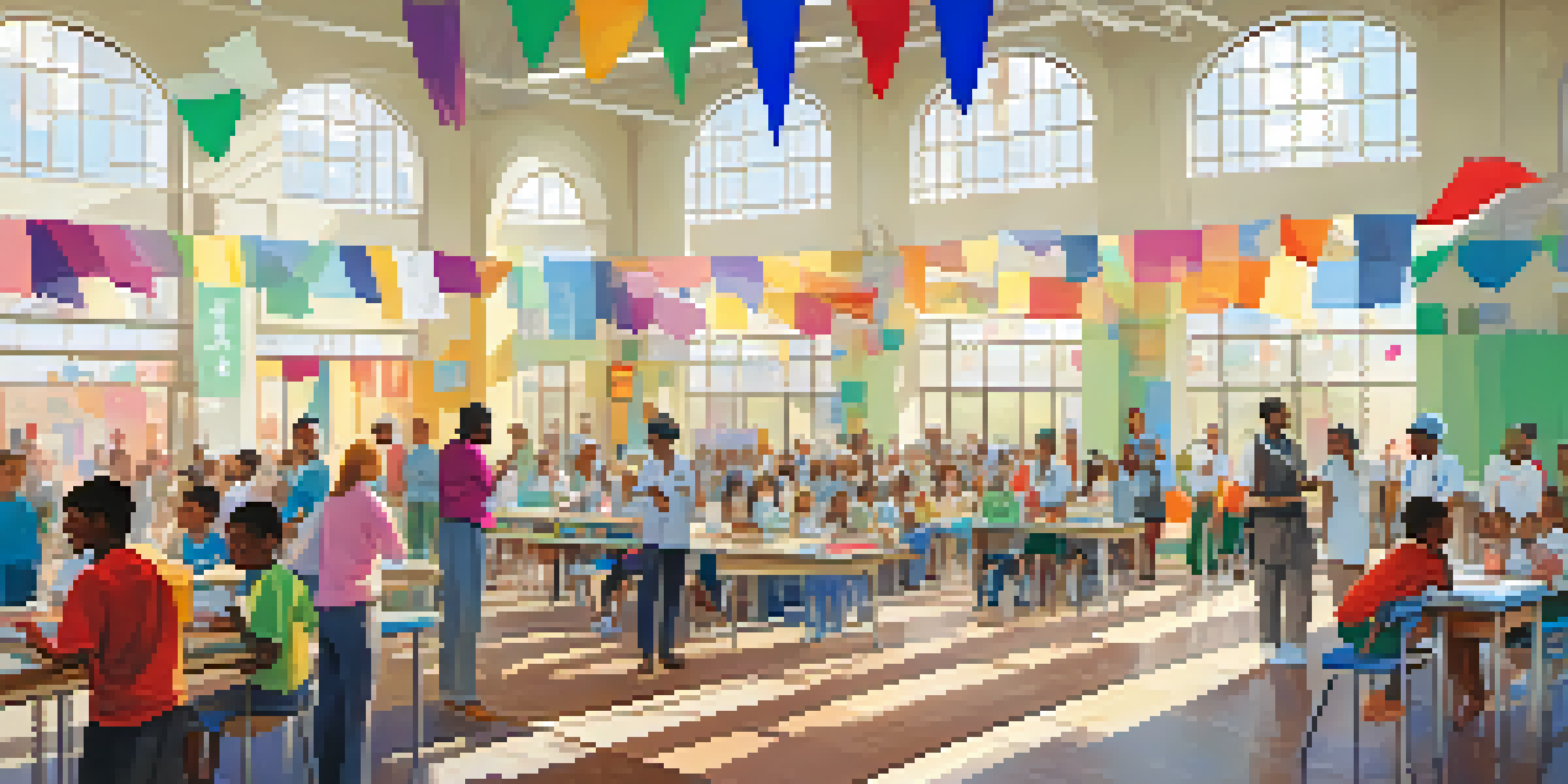 A busy vaccination clinic in a school gymnasium with families and children participating, bright sunlight, and healthcare professionals interacting.