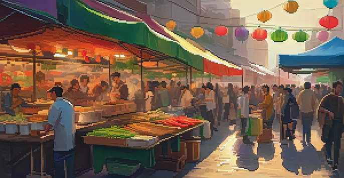 A lively street food market filled with colorful stalls, showcasing various foods like kebabs and pho, with people enjoying their meals under warm sunlight.
