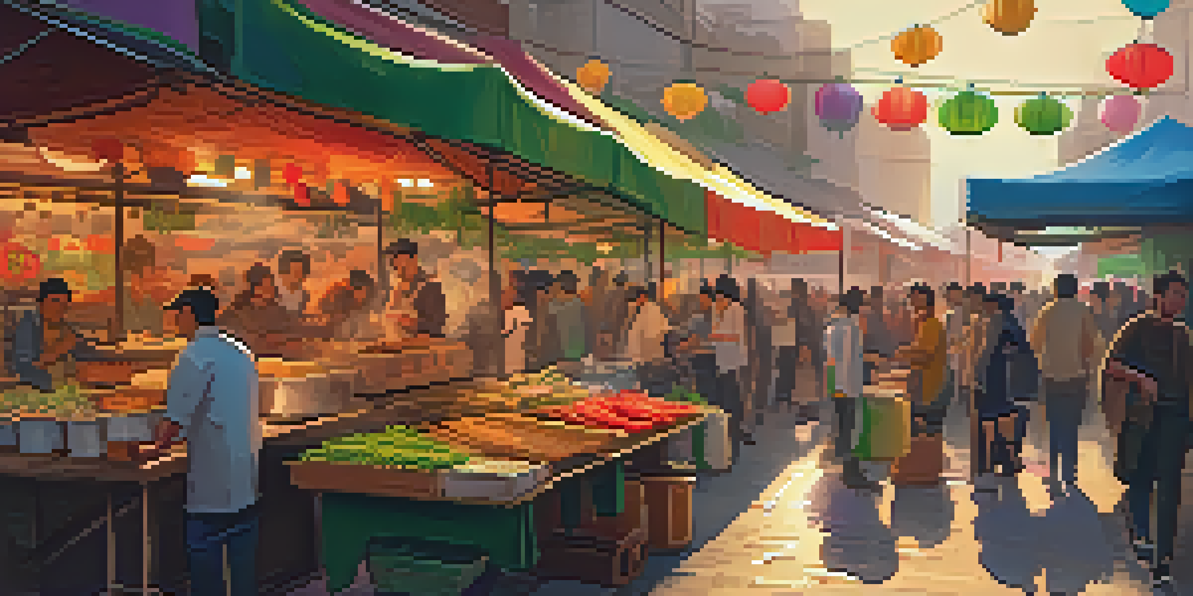 A lively street food market filled with colorful stalls, showcasing various foods like kebabs and pho, with people enjoying their meals under warm sunlight.
