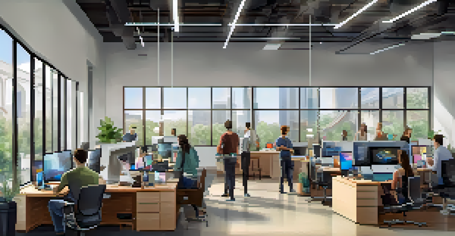 A modern startup office in Austin with diverse people collaborating, showcasing tech gadgets and bright natural light.