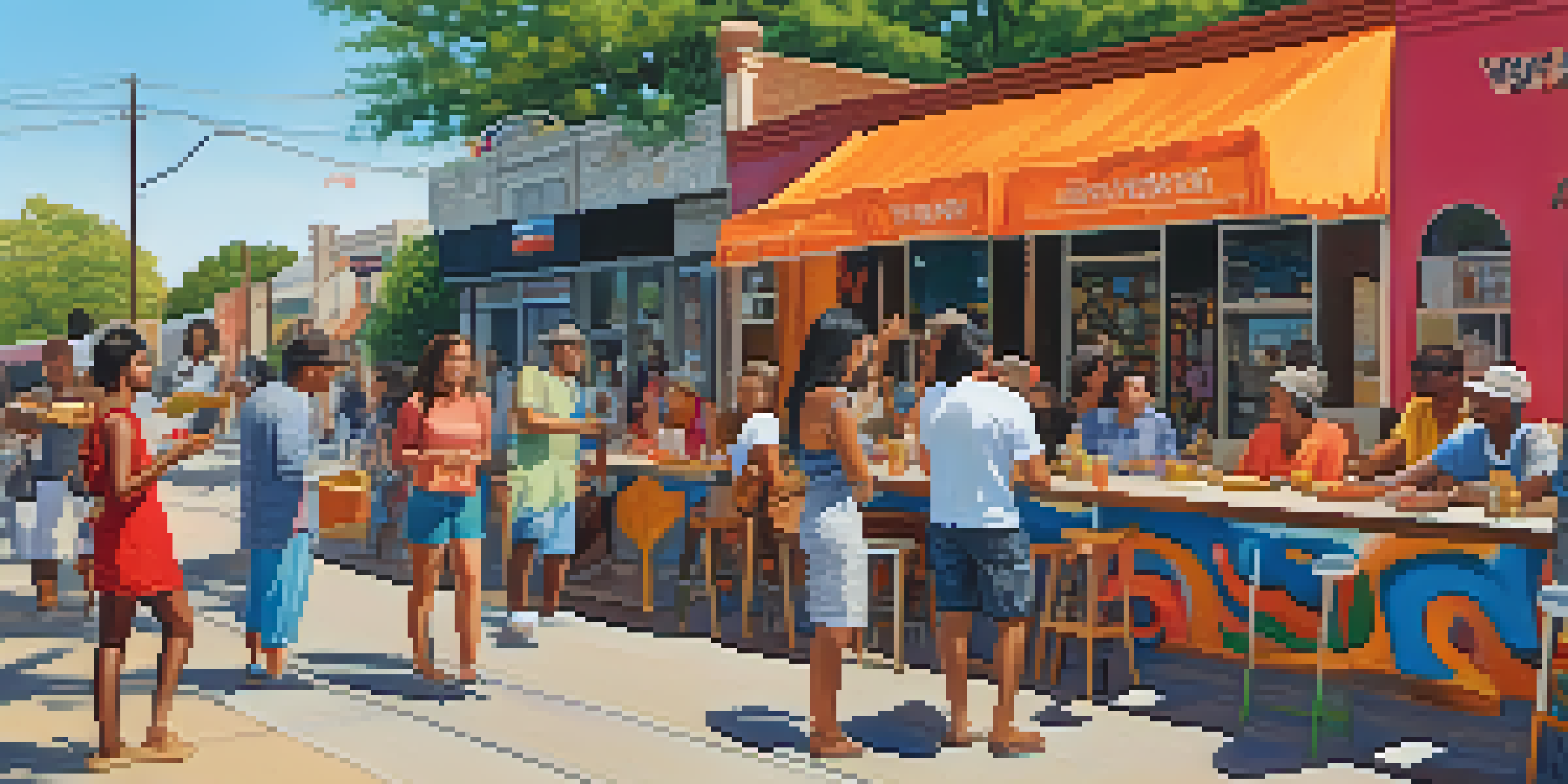 A lively street scene in Austin with diverse people participating in a cultural exchange program, surrounded by colorful murals and trees under a sunny sky.