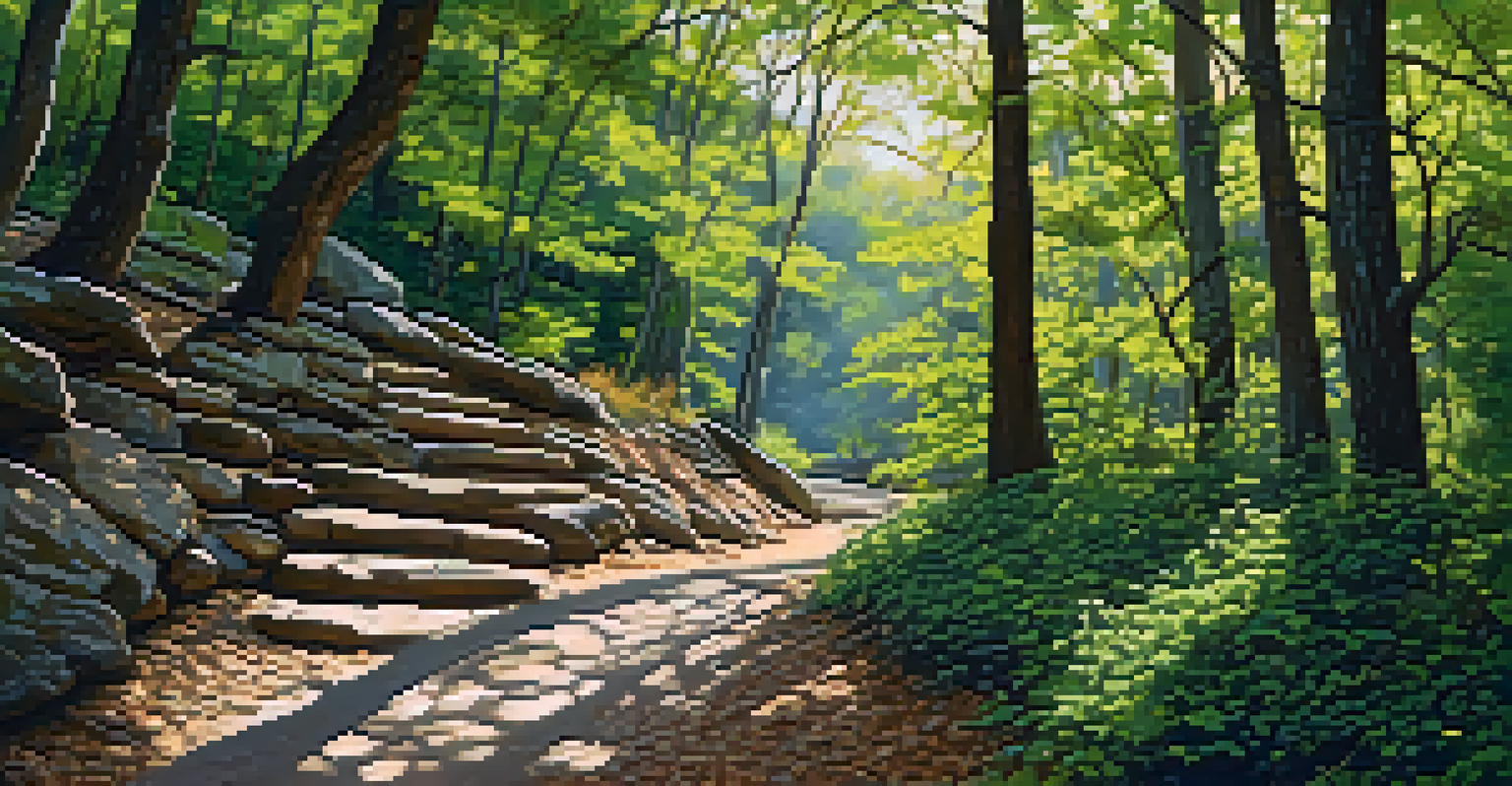 A hiking trail in Barton Creek Greenbelt with a Carolina Wren hopping along the path among trees and sunlight.