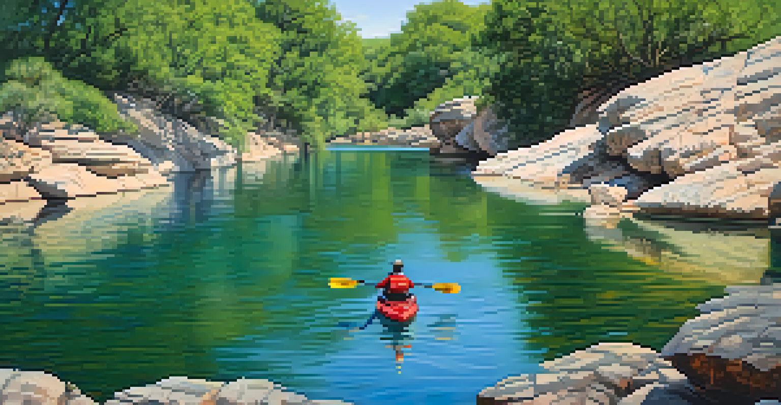 A kayaker paddling on the Colorado River surrounded by rocky landscapes and lush greenery.