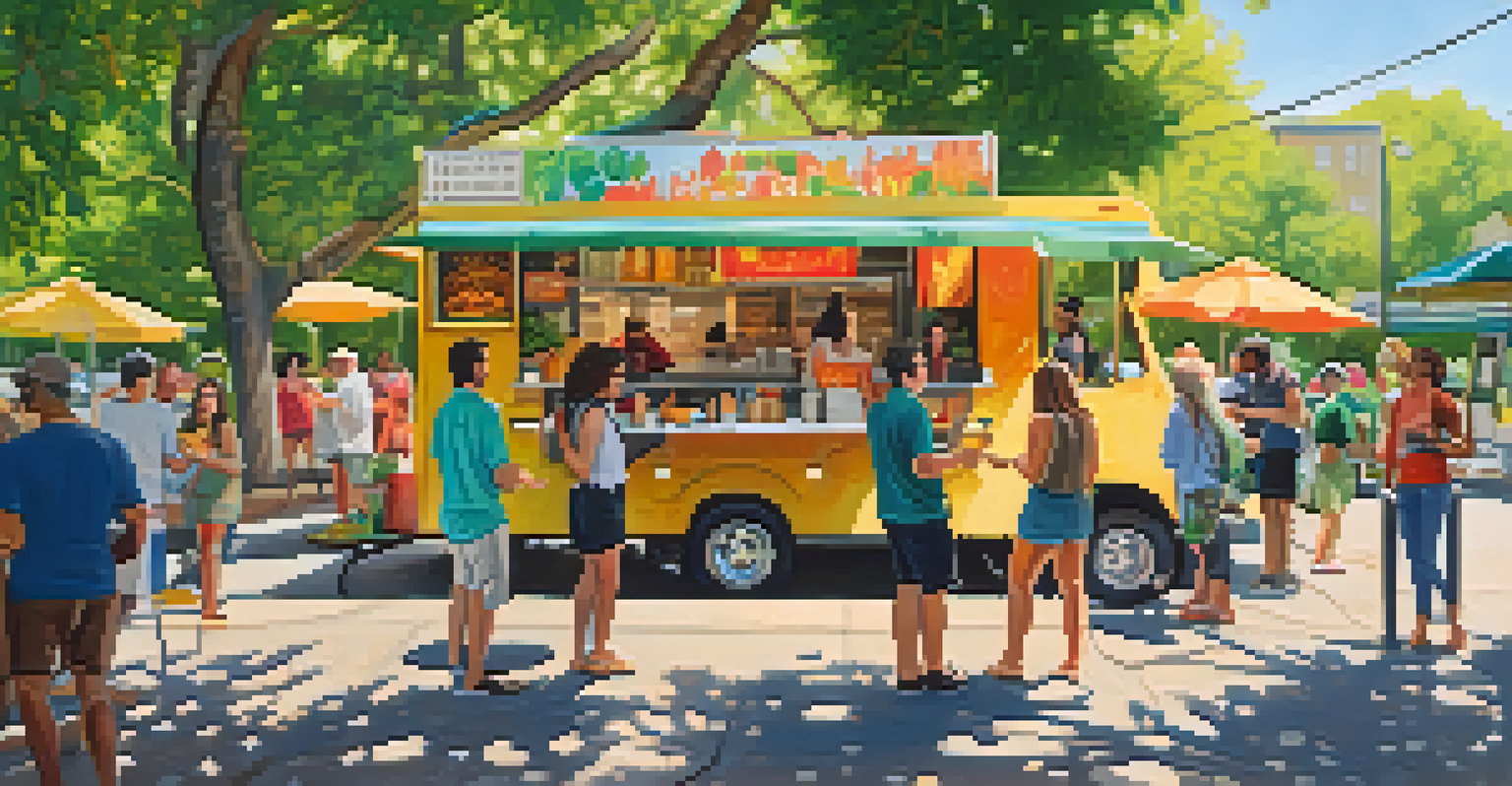 A culinary tour in Austin with people enjoying food from trucks, surrounded by street art and greenery.
