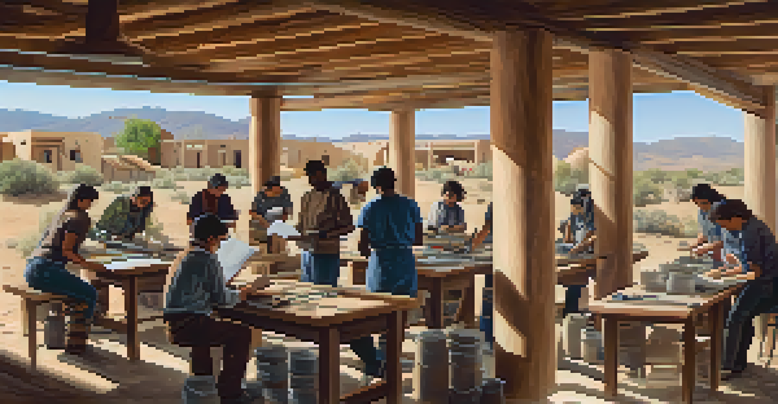 A community workshop on adobe preservation with a diverse group of people working on adobe materials and tools in front of an adobe structure.