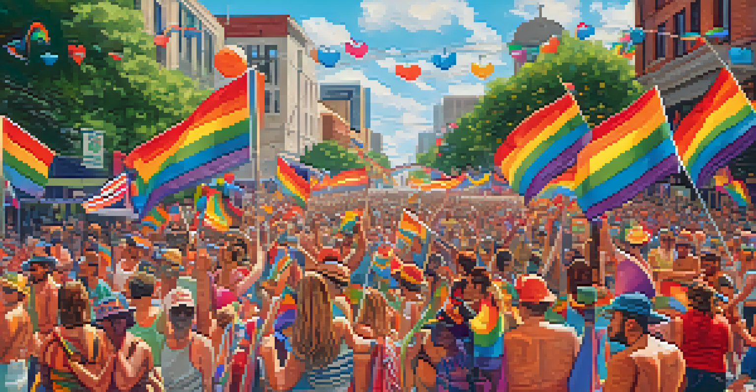 A colorful Austin Pride Festival parade with diverse participants celebrating love and inclusivity under bright decorations.