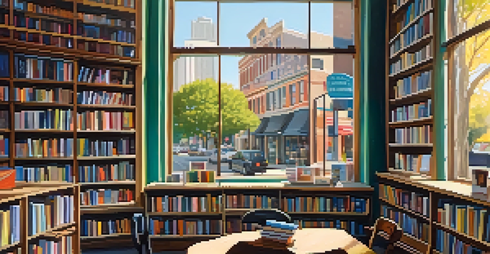 A warm and inviting independent bookstore with shelves of books and a cup of coffee on a table, set against a backdrop of the Texas skyline in morning light.