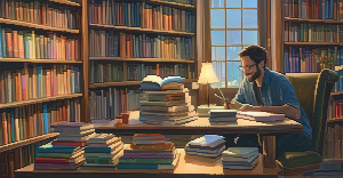 A cozy bookstore with an author signing books for a reader, surrounded by shelves of colorful books.