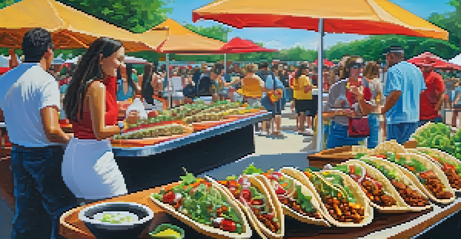 A colorful assortment of gourmet tacos at the Austin Taco Festival, garnished with fresh ingredients, with attendees enjoying the event in the background.