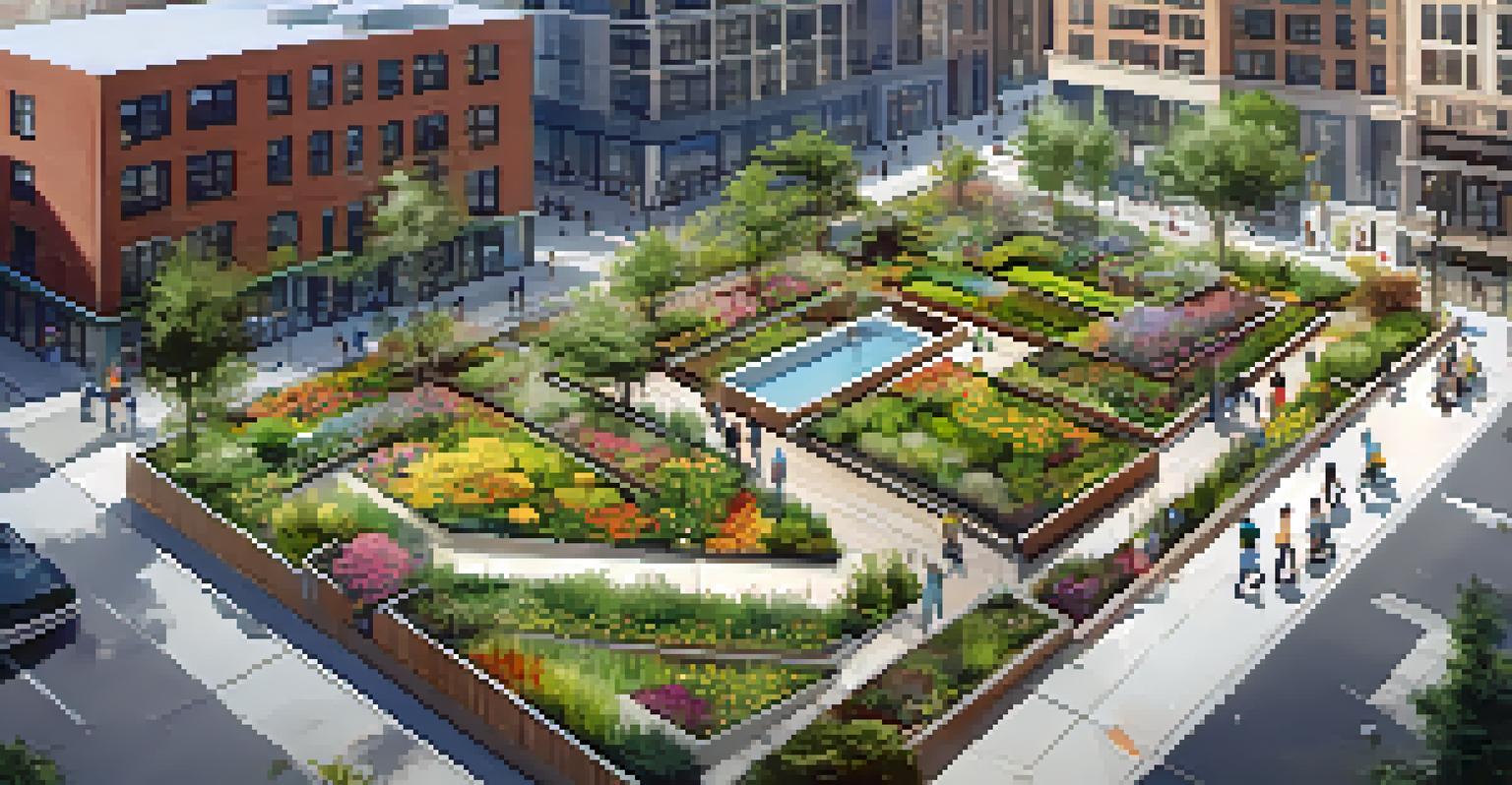Aerial view of a community green roof with people gardening and vibrant plant life amidst urban buildings.