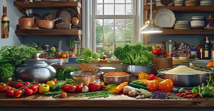 A bright and inviting culinary workspace with fresh vegetables, herbs, and spices on a wooden table, and a well-organized kitchen in the background.