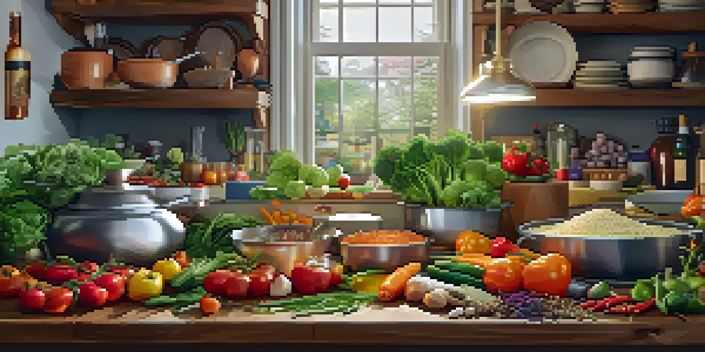 A bright and inviting culinary workspace with fresh vegetables, herbs, and spices on a wooden table, and a well-organized kitchen in the background.