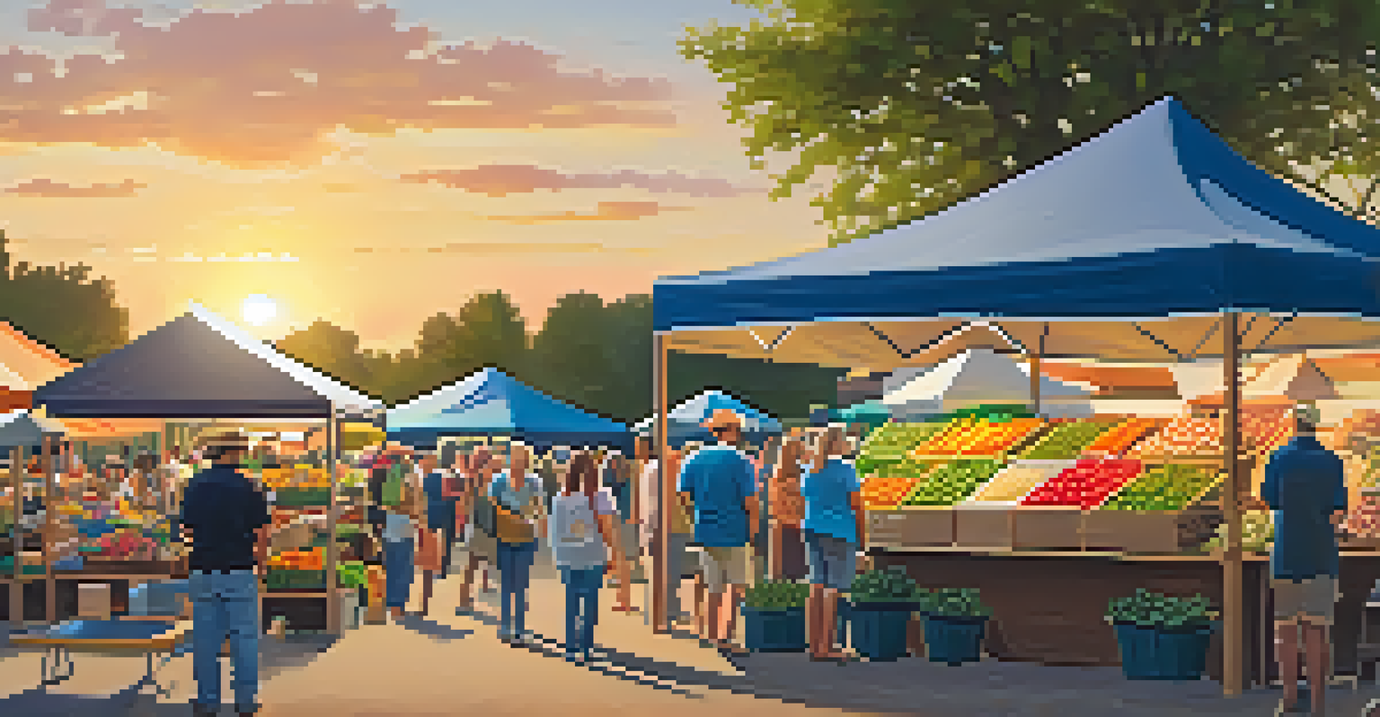 A vibrant farmers' market scene with stalls of fresh produce and local goods, filled with families and live music, under a warm sunset.