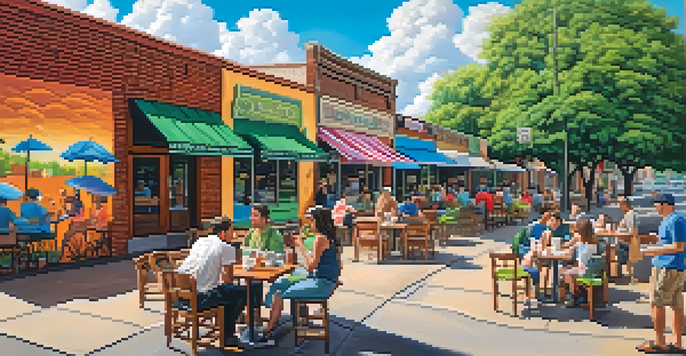A colorful street scene in Austin, Texas, with murals, outdoor cafes, and people enjoying coffee under a blue sky.