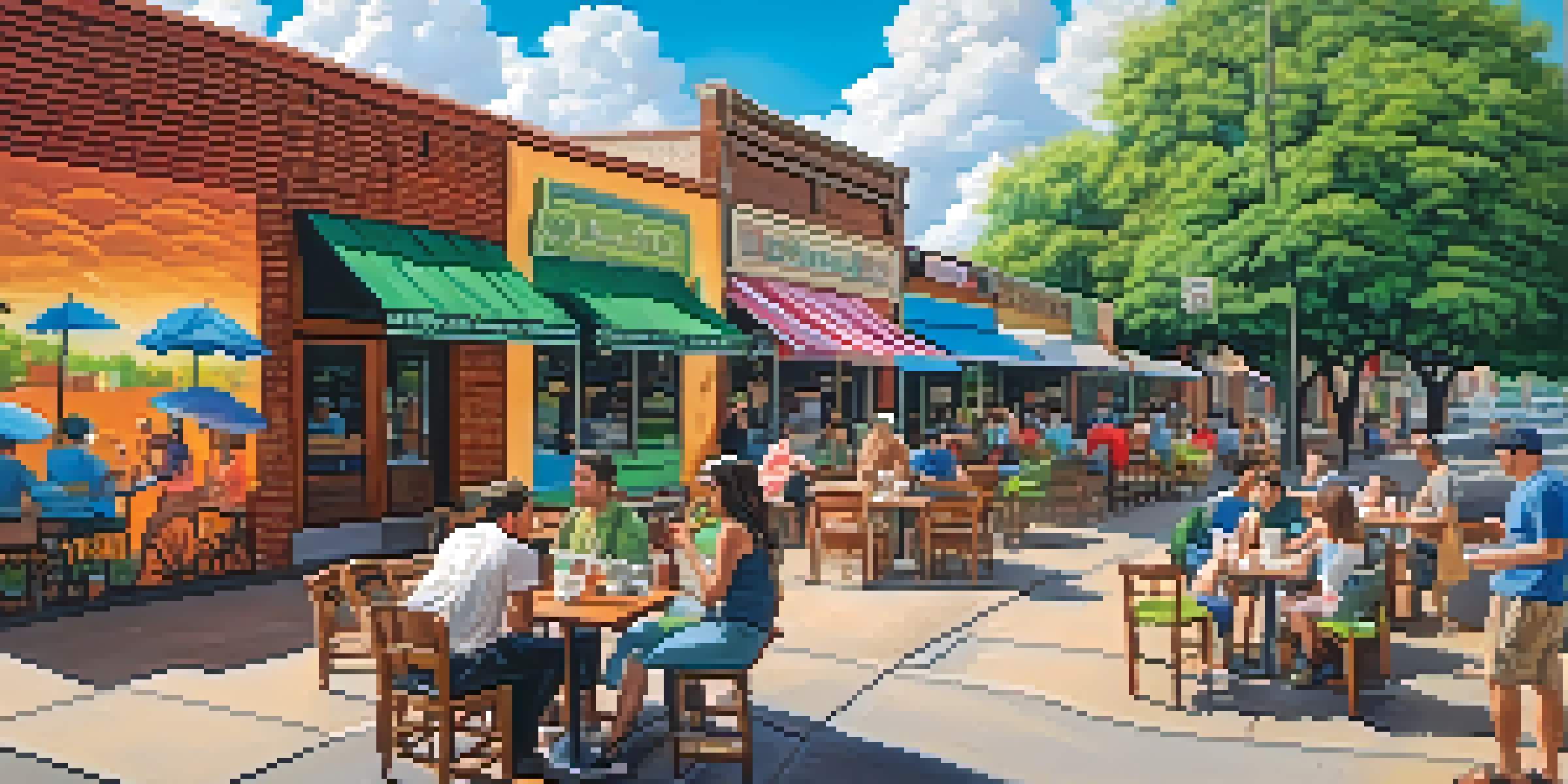 A colorful street scene in Austin, Texas, with murals, outdoor cafes, and people enjoying coffee under a blue sky.
