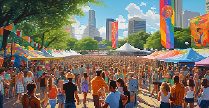 A lively outdoor music festival in Austin with a diverse crowd enjoying performances, surrounded by colorful banners and food stalls under a clear blue sky.