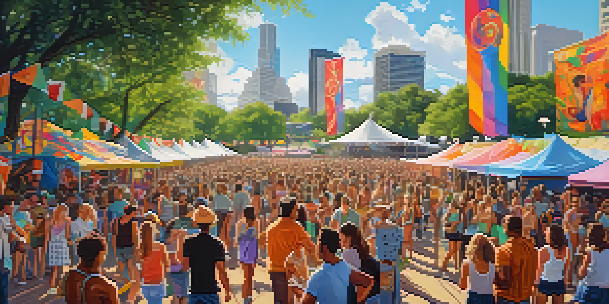 A lively outdoor music festival in Austin with a diverse crowd enjoying performances, surrounded by colorful banners and food stalls under a clear blue sky.